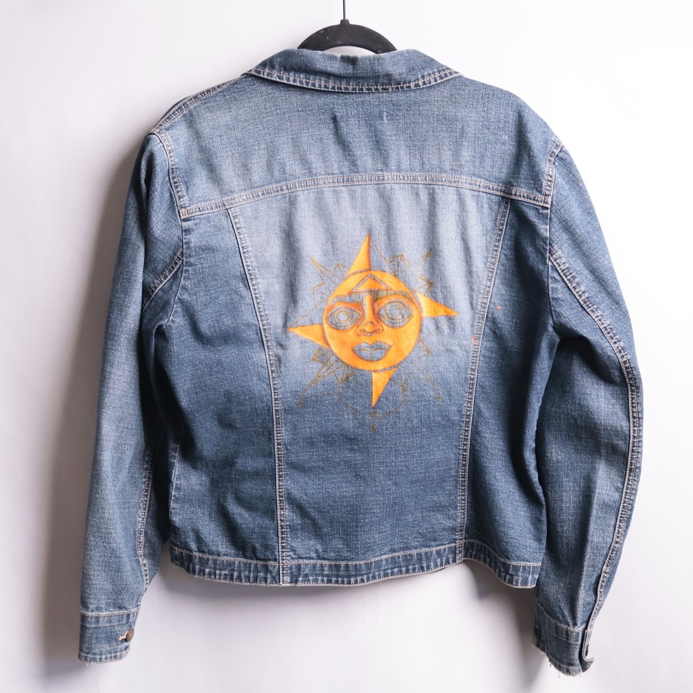 AMI Blue Denim Jacket Tribal Sun Graphic‎ Back Custom Trucker Boho Distressed L